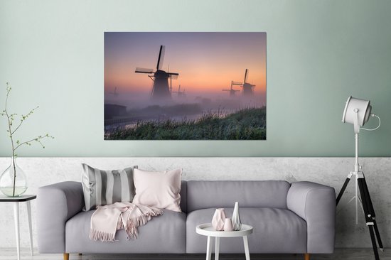 Brouillard aux moulins à vent hollandais de Kinderdijk lors d'un lever de soleil Aluminium 120x80 cm - Tirage photo sur aluminium (décoration murale en métal)