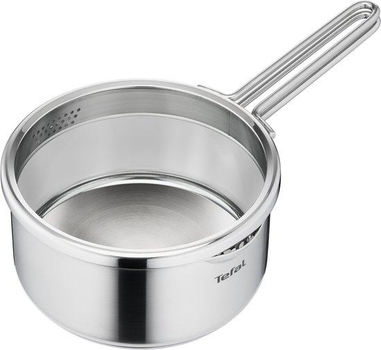 RVS steelpan met glazen deksel met zeef, geëtaleerd met het Tefal-logo.