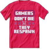 Gamers don't die pixel T-shirt | Donker Blauw | Gaming kleding | Grappig game verjaardag cadeau shirt Heren – Dames – Unisex | - Roze - XL