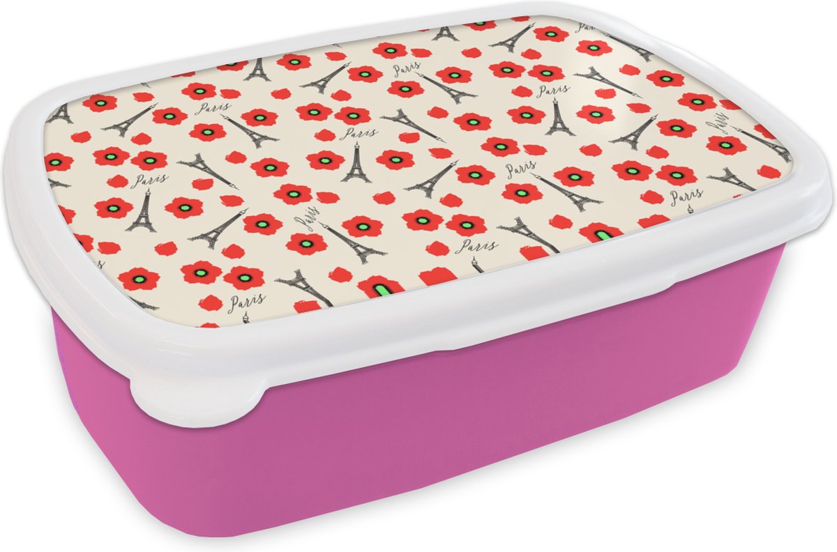 Broodtrommel Roze - Lunchbox - Brooddoos - Patronen - Parijs - Eiffeltoren - Bloemen - 18x12x6 cm - Kinderen - Meisje