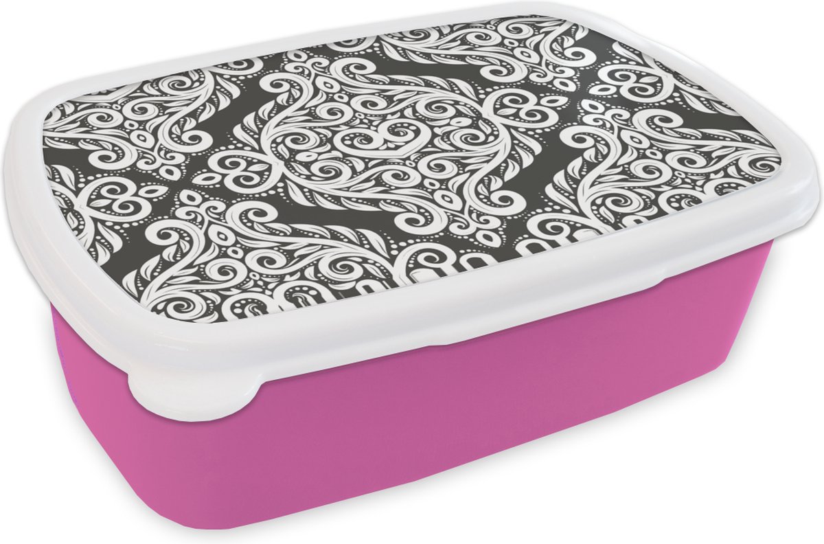 Broodtrommel Roze - Lunchbox - Brooddoos - Patroon - Abstract - Wit - 18x12x6 cm - Kinderen - Meisje