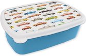 Broodtrommel Blauw - Lunchbox - Brooddoos - Patronen - Auto - Retro - Jongens - Kinderen - Kids - Kind - 18x12x6 cm - Kinderen - Jongen