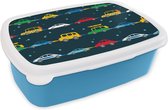 Broodtrommel Blauw - Lunchbox - Brooddoos - Patronen - Auto - Ruimte - Kind - Jongens - Kinderen - Kids - 18x12x6 cm - Kinderen - Jongen