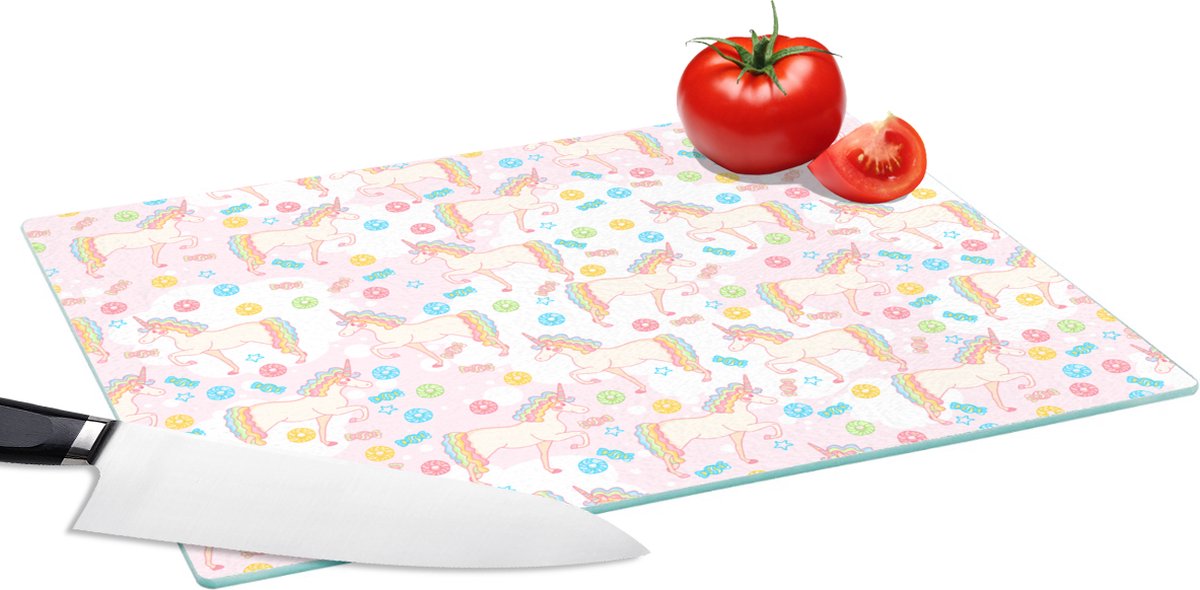 Glazen Snijplank - 39x28 - Unicorn - Snoep - Regenboog - Snijplanken Glas