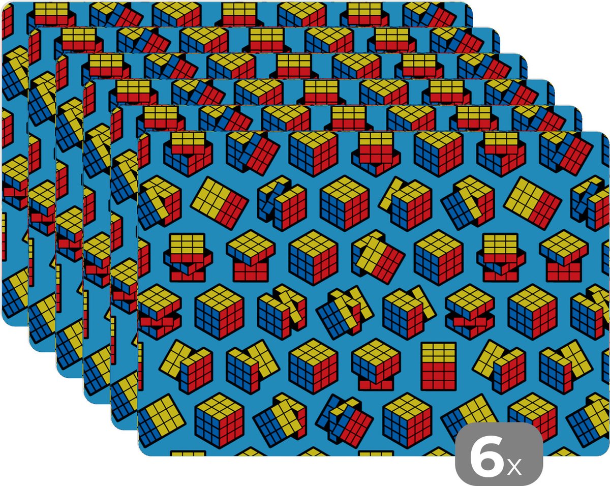 Placemat - Placemats kunststof - Patroon - Rubiks cube - KubusPatrone - Jongens - Kinderen - Kidsn - 45x30 cm - 6 stuks - Hittebestendig - Anti-Slip - Onderlegger - Afneembaar