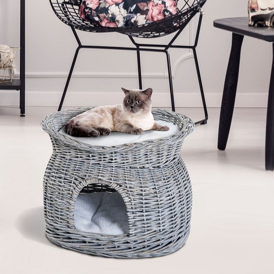 PawHut kattenslaapplek, kattenbed met kussen, kattengrot, bananenblad, bruin