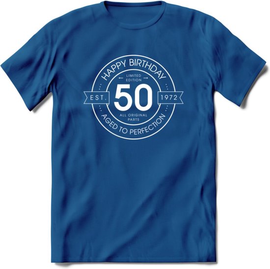 50th Happy Birthday T-shirt | Vintage 1972 Aged to Perfection | 50 jaar Abraham en Sarah verjaardag cadeau | Grappig feest shirt Heren – Dames – Unisex kleding | - Donker Blauw - S