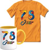 78 Jaar Vrolijke Verjaadag T-shirt met mok giftset Geel | Verjaardag cadeau pakket set | Grappig feest shirt Heren – Dames – Unisex kleding | Koffie en thee mok | Maat XL