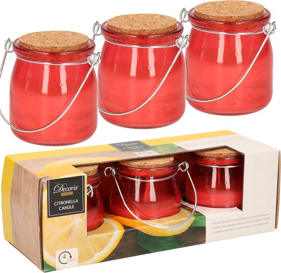 Citronella kaars - 9x - in rood glazen potje - 8 branduren - citrusgeur