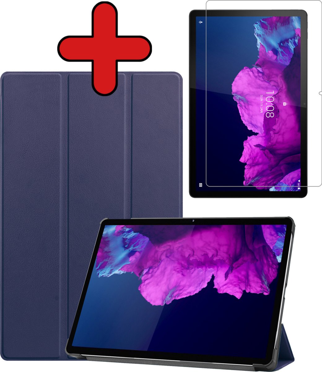 Hoesje - Geschikt voor Lenovo Tab P11 - Met Screenprotector - Hardcover Book Case - Trifold Bookcase Hoes - Hard Cover - Tablethoes - Donkerblauw