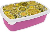 Broodtrommel Roze - Lunchbox - Brooddoos - Zonnebloem - Patronen - Geel - 18x12x6 cm - Kinderen - Meisje