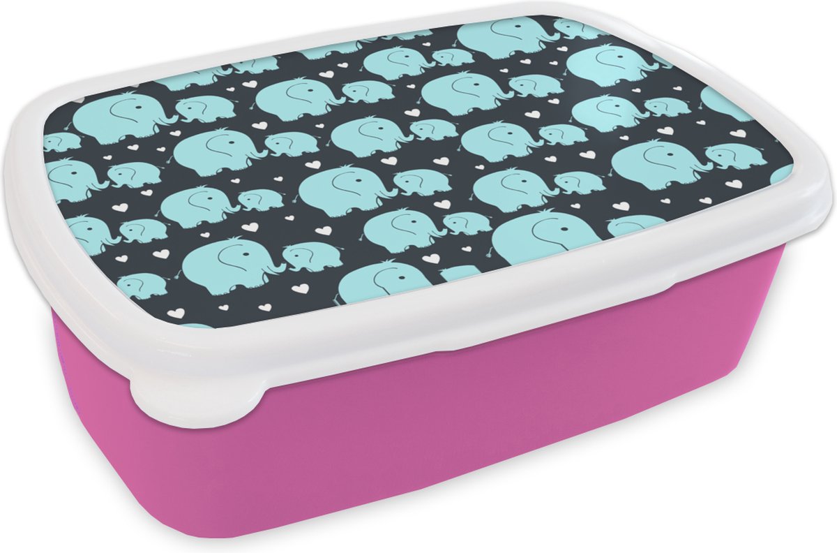 Broodtrommel Roze - Lunchbox - Brooddoos - Patronen - Olifant - Hart - 18x12x6 cm - Kinderen - Meisje