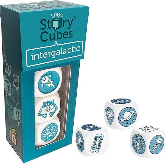 Rory's Story Cubes 'Intergalactic' set met blauwe afbeeldingen van o.a. een raket en planeet.