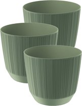 3x stuks moderne carf-stripe plantenpot/bloempot kunststof dia 17 cm/hoogte 15 cm groen voor binnen/buiten