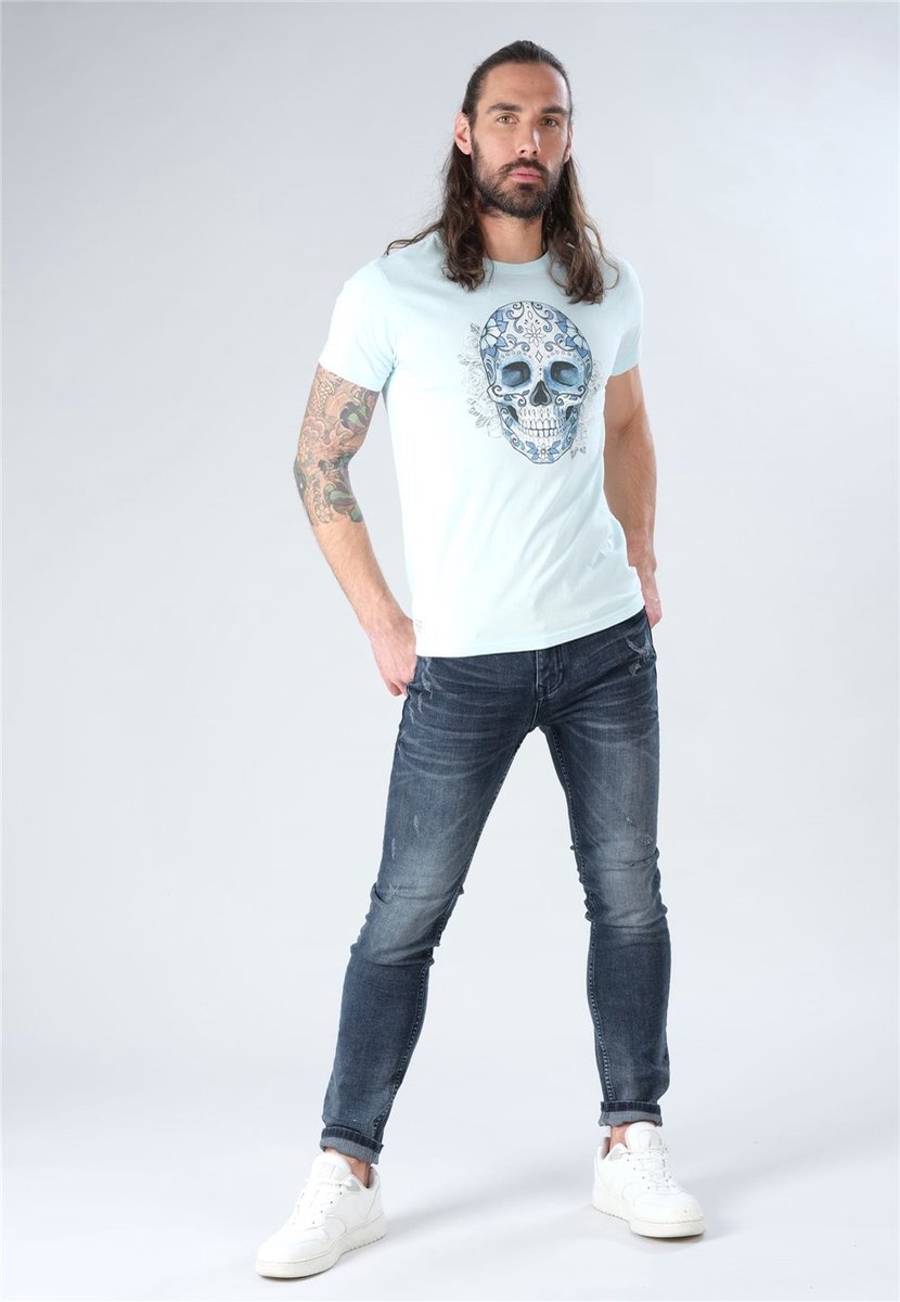 Baxboy Heren Vintage Doodskop Korte Mouw T-shirt met Strass Stenen Slim Fit Design Fashion Top Print Shirt JA-2314, zwart, S