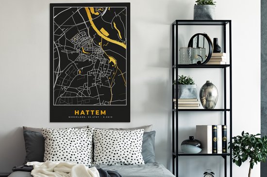 Tableau sur toile 90x140 cm - Décoration murale Hattem - Carte - Carte - Plan de ville - Or - Nederland - Décoration murale murale salon - Décoration chambre - Accessoires de chambre - Peintures