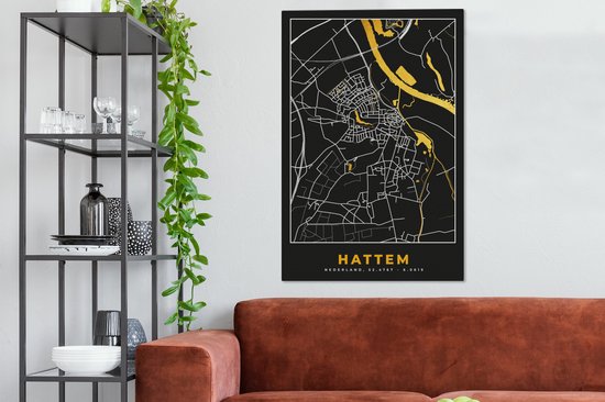 Tableau sur toile 90x140 cm - Décoration murale Hattem - Carte - Carte - Plan de ville - Or - Nederland - Décoration murale murale salon - Décoration chambre - Accessoires de chambre - Peintures