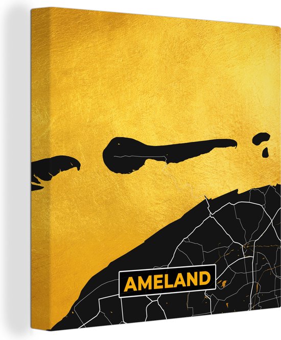 Canvas Schilderij Kaart - Plattegrond - Stadskaart - Ameland - Eiland - Gold - 90x90 cm - Wanddecoratie