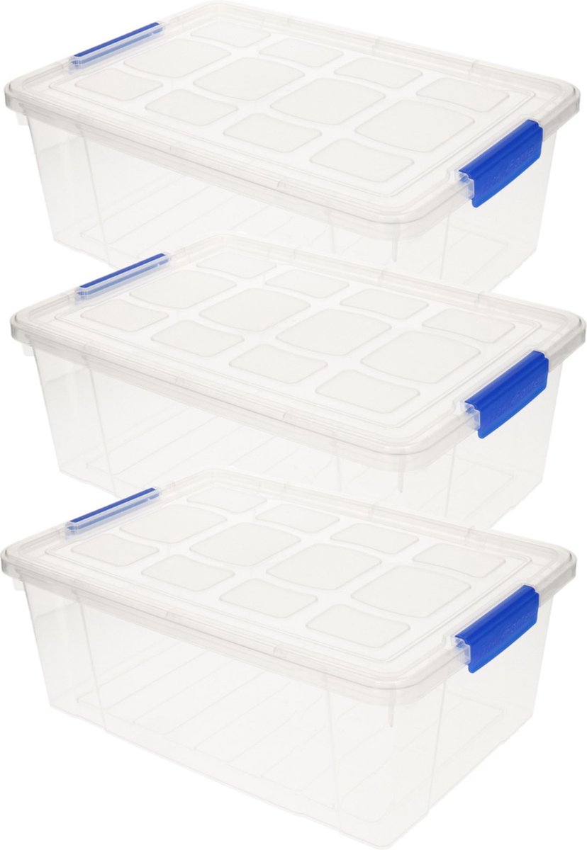 3x stuks Opslag/opberg bakken/kisten/manden met deksel 37 x 26 x 14 cm transparant - Opbergbakken