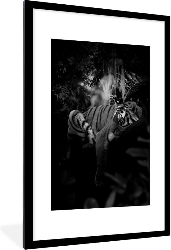 Fotolijst incl. Poster Zwart Wit- Liggende tijger in de jungle - zwart wit - 80x120 cm - Posterlijst
