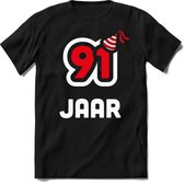 91 Jaar Feest kado T-Shirt Heren / Dames - Perfect Verjaardag Cadeau Shirt - Wit / Rood - Maat S