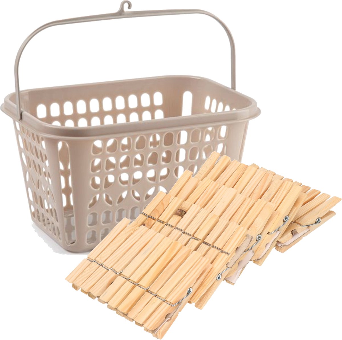 Goedkoopste Wasknijpers verzamelen kunststof taupe mandje met haak en 150x stuks houten knijpers 7.5 cm - Was ophangen