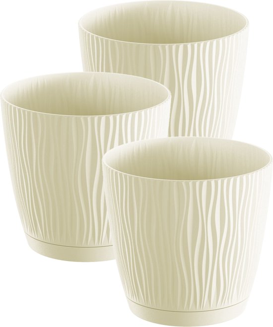 3x stuks stijlvolle kunststof plantenpot/bloempot dia 15 cm/hoogte 14 cm Waves creme wit voor binnen/buiten