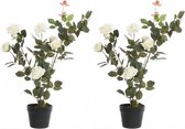 2x Groene/witte Rosa/rozenstruik kunstplanten 80 cm in zwarte plastic pot - Kunstplanten/nepplanten