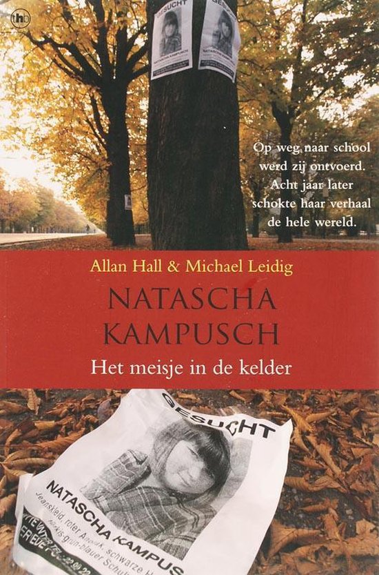 Boekomslag met 'Natascha Kampusch - Het meisje in de kelder' en posters van Natascha.