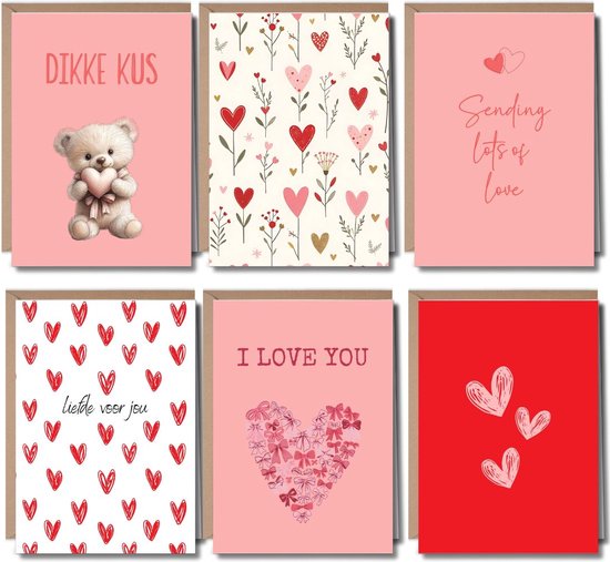 Valentijnskaart - Valentijnsdag - Kaart Liefde - Kaart Valentijn - Kaartje Liefde - Kaartje Valentijn - Kaartenset - Liefde - 6 kaarten Incl Enveloppen