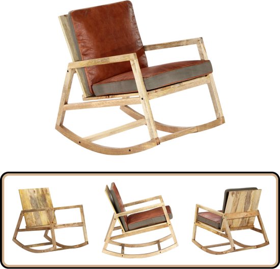 Fauteuil à bascule vidaXL - Cuir véritable - Bois de manguier Massief - Fauteuil à bascule en cuir - Fauteuil en bois de manguier - Fauteuil de salon - Fauteuil de relaxation