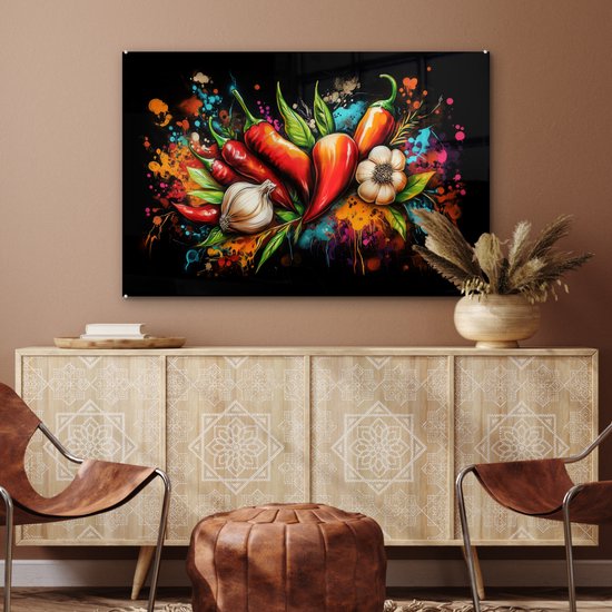 MuchoWow® Peinture sur verre 120x80 cm - Peinture acrylique sur verre - Légumes - Poivrons - Ail - Graffiti - Peinture - Coloré - Photo sur verre - Décoration murale salon - Décoration murale chambre - Peintures