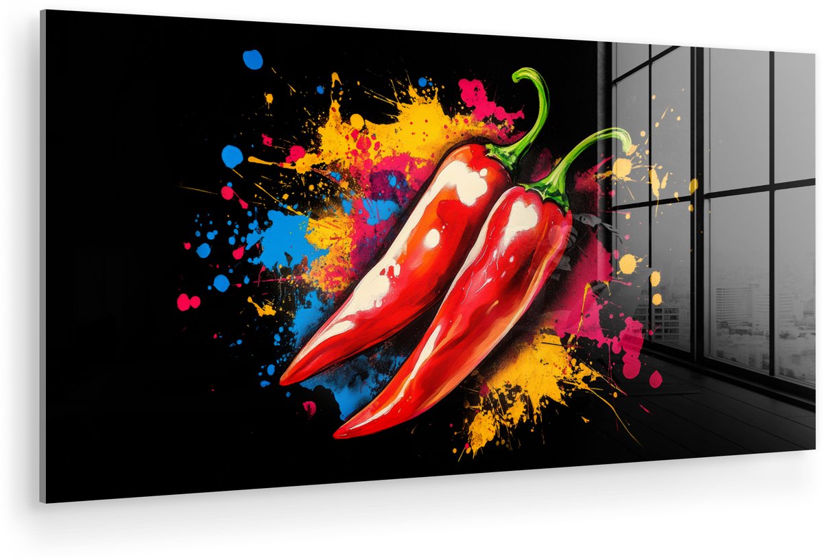 MuchoWow® Glasschilderij 160x80 cm - Schilderij acrylglas - Peper - Graffiti - Verf - Abstract - Modern - Kleurrijk - Foto op glas - Muurdecoratie woonkamer - Wanddecoratie slaapkamer - Schilderijen