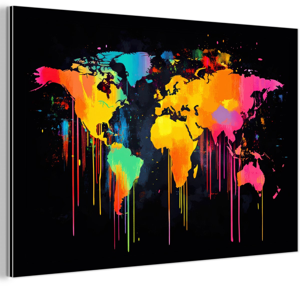 Aluminium schilderij 150x100 cm - Wanddecoratie metaal - Wereldkaart - Verf - Kleurrijk - Graffiti - Wereld - Metalen muurdecoratie woonkamer - Decoratie industrieel - Foto op dibond - Industriële accessoires slaapkamer