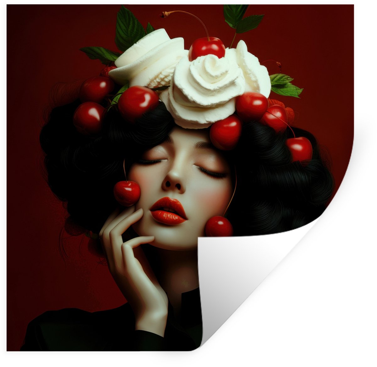 Muurstickers - Sticker Folie - Vrouw - Kersen - Slagroom - 100x100 cm - Plakfolie - Muurst