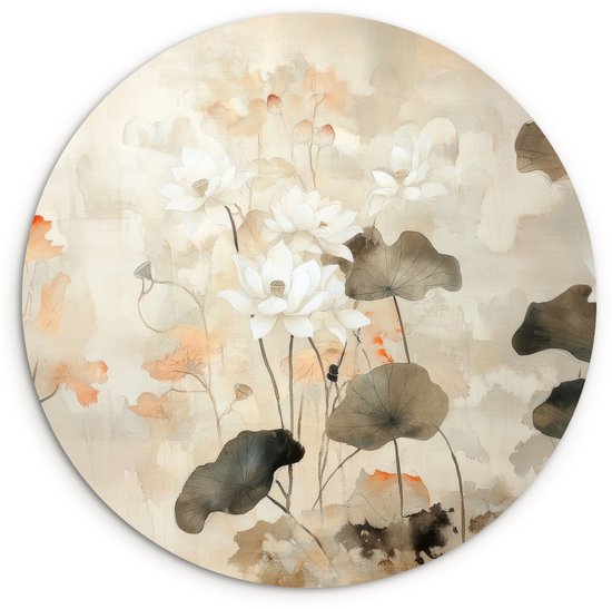 WallCircle® Wandcirkel 60x60 cm - Muurcirkel Bloemen - Japandi - Wabi sabi - Muurdecoratie woonkamer - Wanddecoratie slaapkamer - Kamer decoratie accessoires - Ronde schilderijen