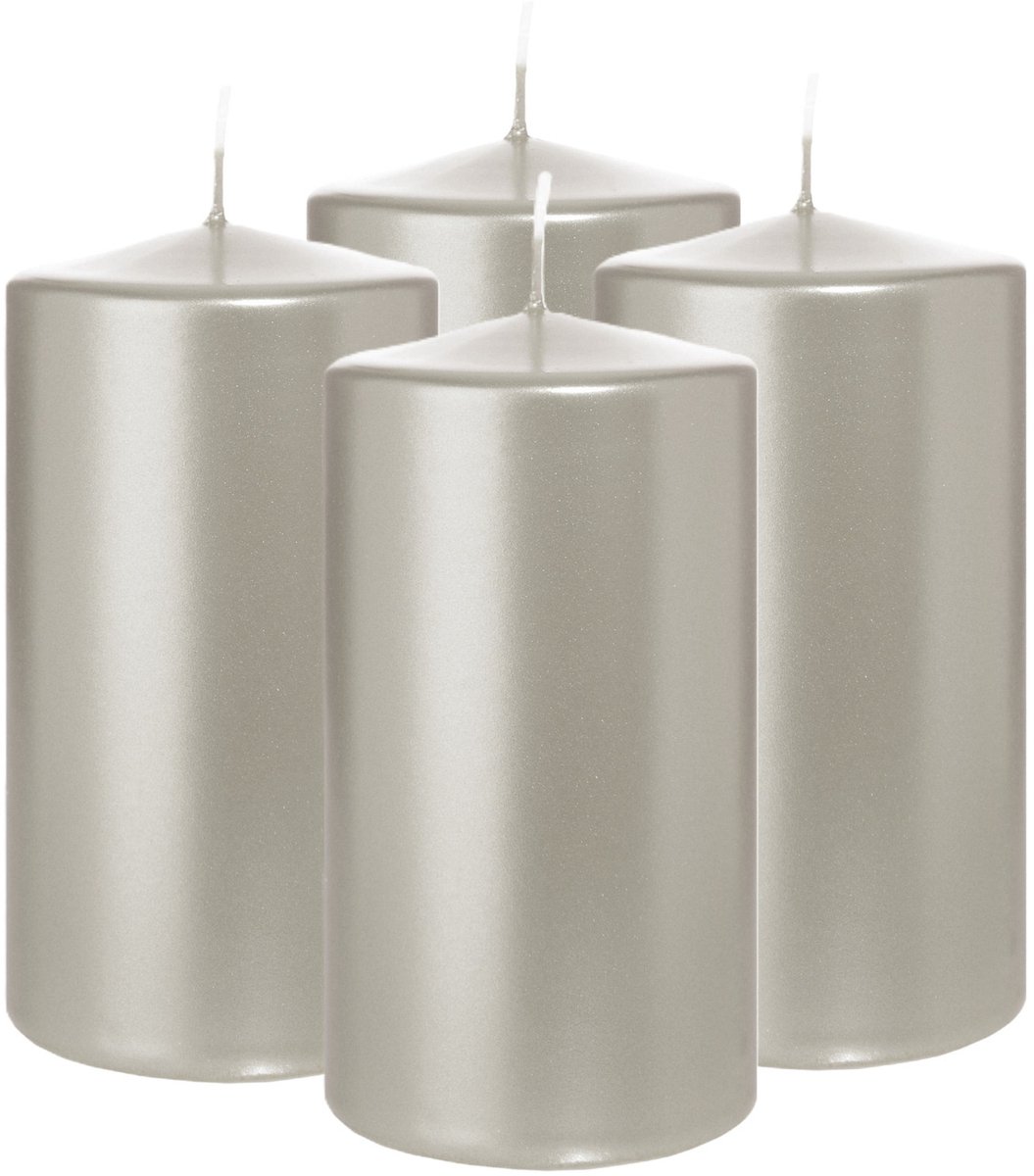 Wiedemann Cilinderkaars/stompkaars - 4x - metallic zilver - 13 x 7 cm - 52 branduren - zuilkaarsen