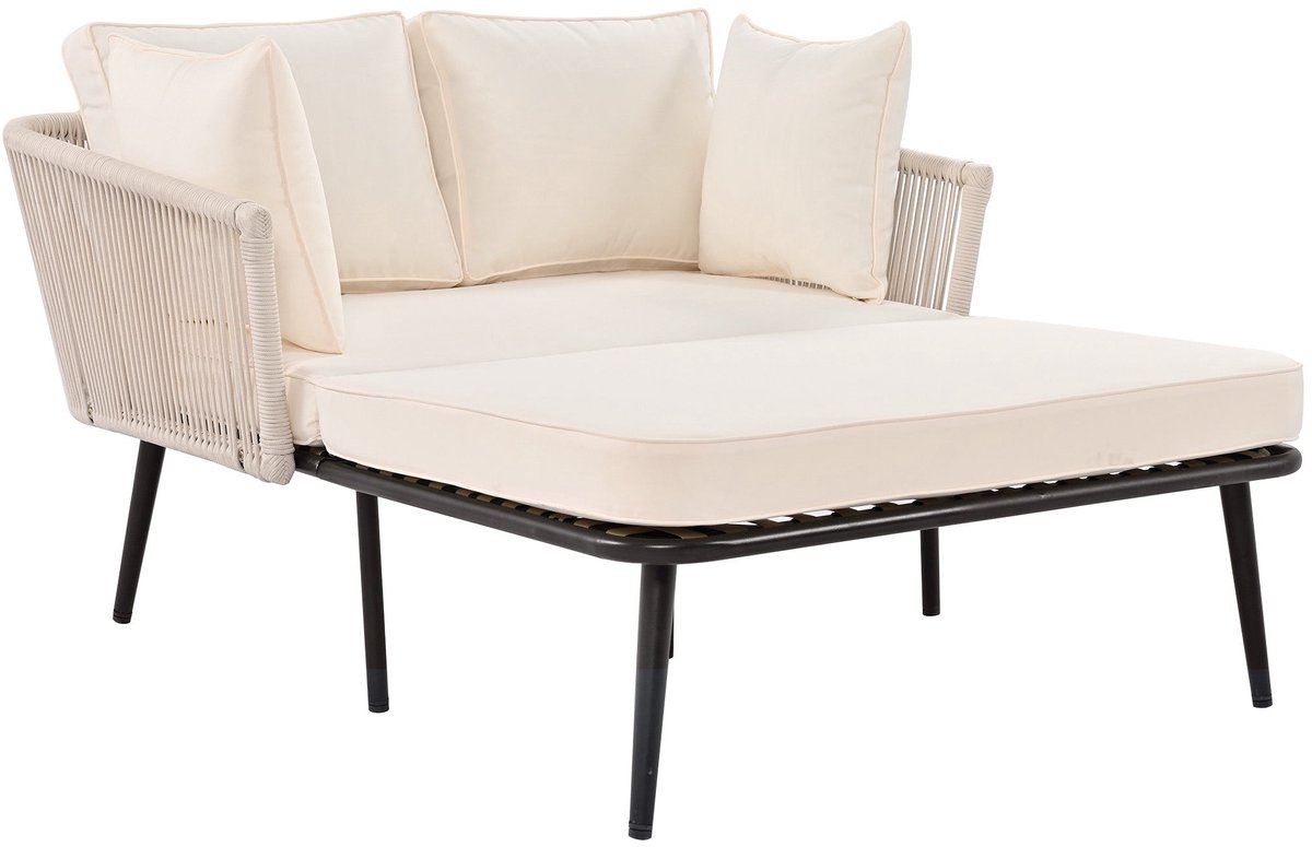 Merax Tuinbank – 2-zits Ligbed – Multifunctionele Loungesofa – Tuinlounge met 4 Kussens – Handgeweven Touw – Weerbestendig – Beige met Zwart