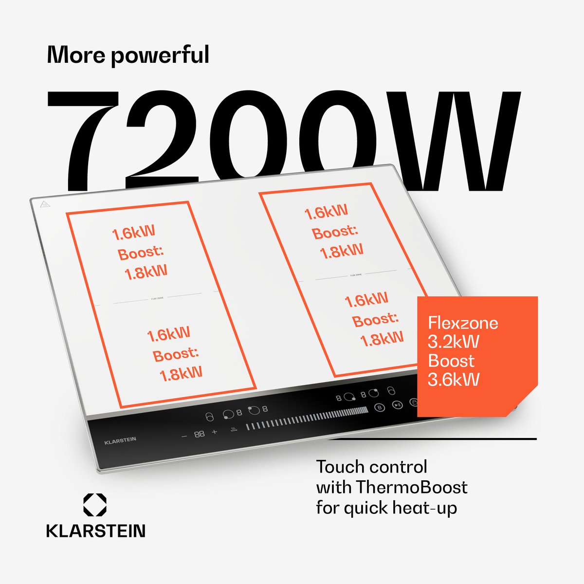 Klarstein DualTone Flex Inductiekookplaat - 4-zones inductiekookplaat, 7200 W, Flex-zones, Schuifregelaar & timer, Thermoboost, Wit, Aluminium frame, 59 cm design