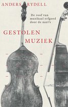 Boekomslag met "Gestolen Muziek" en de tekst "De roof van muzikaal erfgoed door de nazi's", met twee dubbele bas instrumenten.
