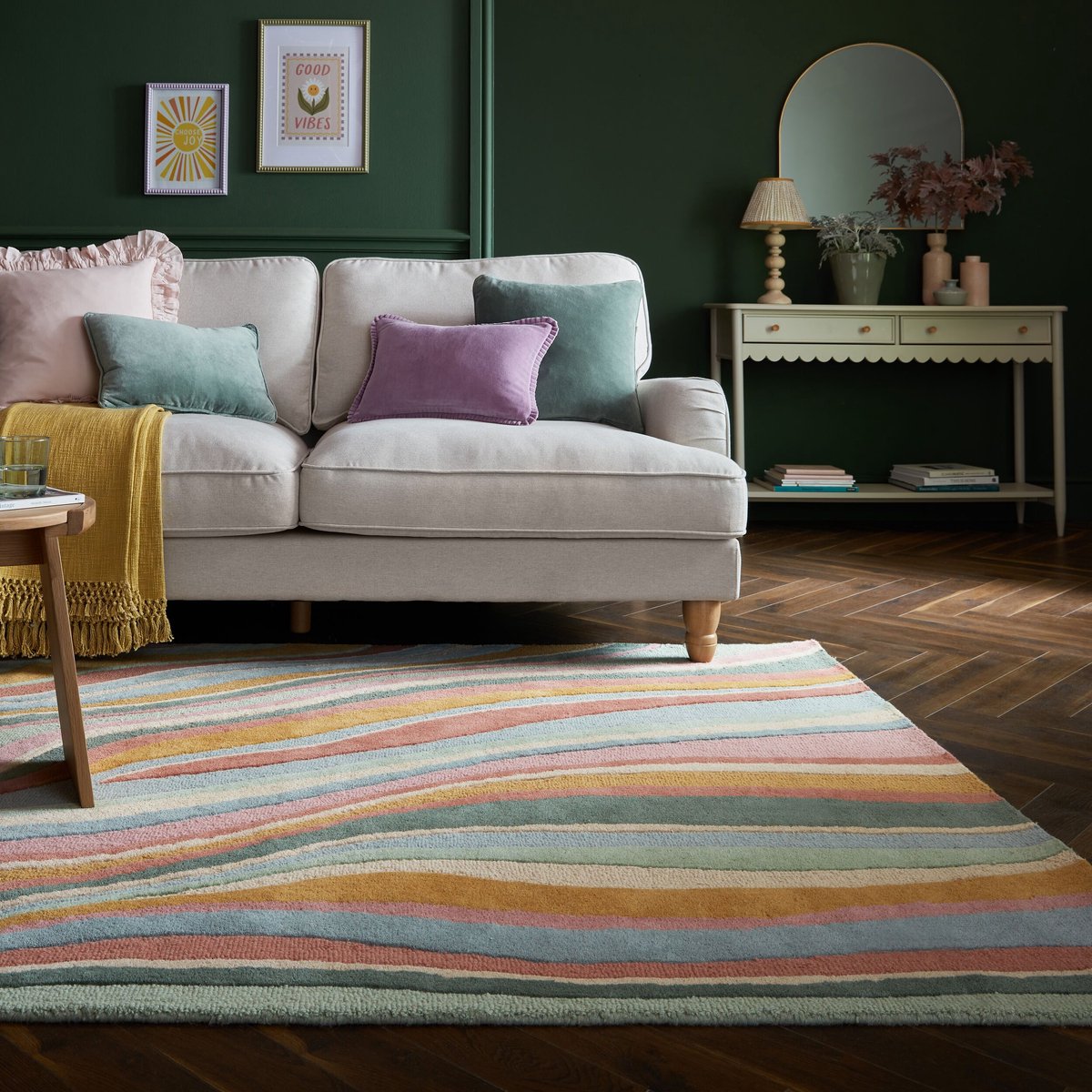 Flycarpets Laagpolig Abstract Flow Wollen Vloerkleed Roze / Groen 160x230 cm
