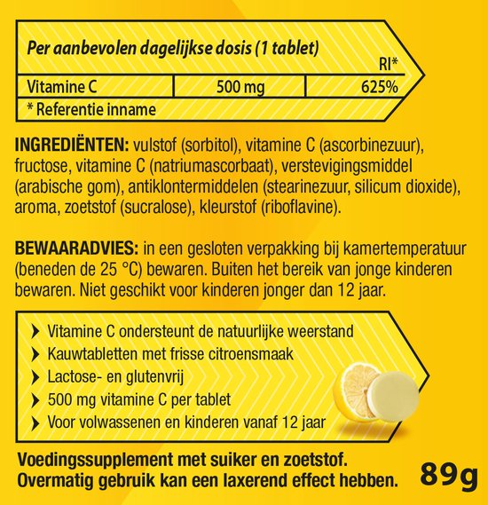Roter Vitamine C 500mg Hooggedoseerd - Hoge dosering vitamine C ter ondersteuning van je weerstand - 50 kauwtabletten met citroensmaak