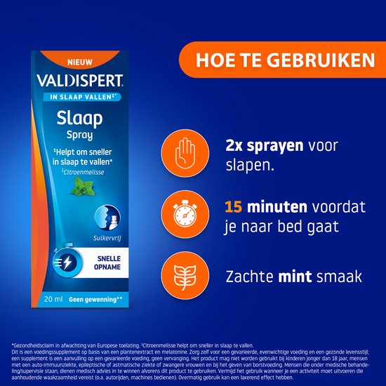 Valdispert Slaap Spray: blauwe doos met oranje accenten. 'Hoe te gebruiken': 2x sprayen, 15 min voor bed, zachte mint smaak.