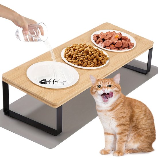 HOME Kattenbak, Verhoogde Voerbak, Kattenvoerstation, Keramische Bak, Set van 3, Hout, Kattenbak, Diameter 12 cm, Ergonomische Kattenbakken, 3-delige Kattenvoerbak (Houtkleur)