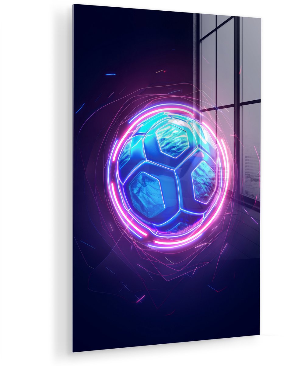 MuchoWow® Glasschilderij 60x90 cm - Schilderij acrylglas - Voetbal - Sport - Blauw - Paars - Foto op glas - Muurdecoratie woonkamer - Wanddecoratie slaapkamer - Schilderijen