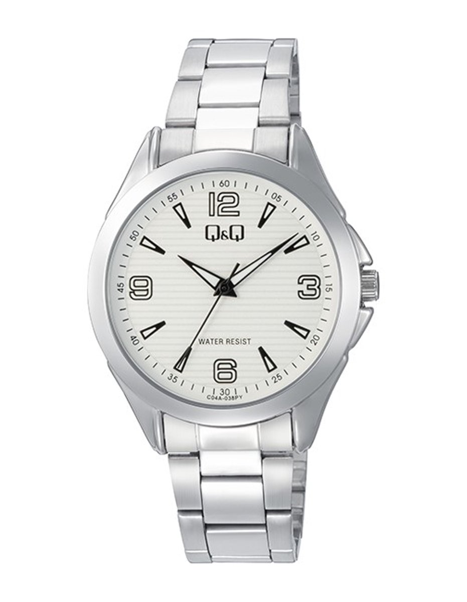 QQ C04A-038PY - Horloge - Polshorloge - Analoog - Heren - Mannen - stalen band - Rond - Metaal - Streepjes - Cijfers - Zilverkleurig - Wit