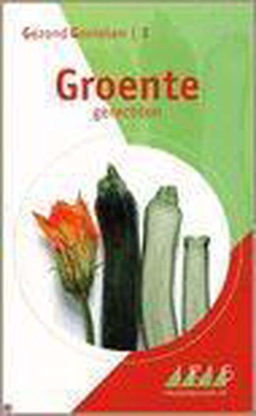 Boekomslag met 'Gezond Eten' en 'Groente & delicatessen'. Vier courgettes en een courgettebloem op een witte achtergrond.