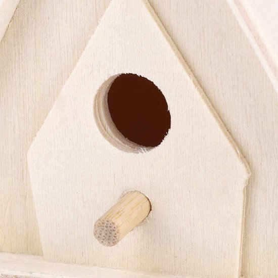 Vogelhuisje, 4-delig, van hout, hangend aan de buitenkant van de hut, hout, plataan, weerbestendig, decoratie, terras, tuin, voor troglodiet, zwaluw, mus, kolibrie, knijp met touw