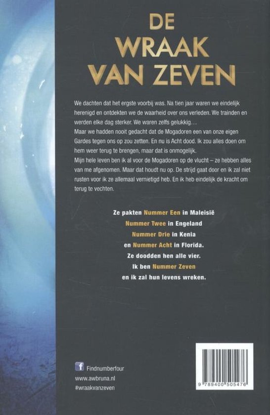 Boekomslag met de titel 'De Wraak van Zeven'. De achtergrond is grijs met abstracte patronen. De tekst is in het geel en wit.