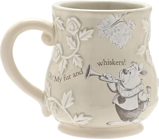 Witte mok met reliëf van de White Rabbit en de tekst 'Oh! My fur and whiskers!'.